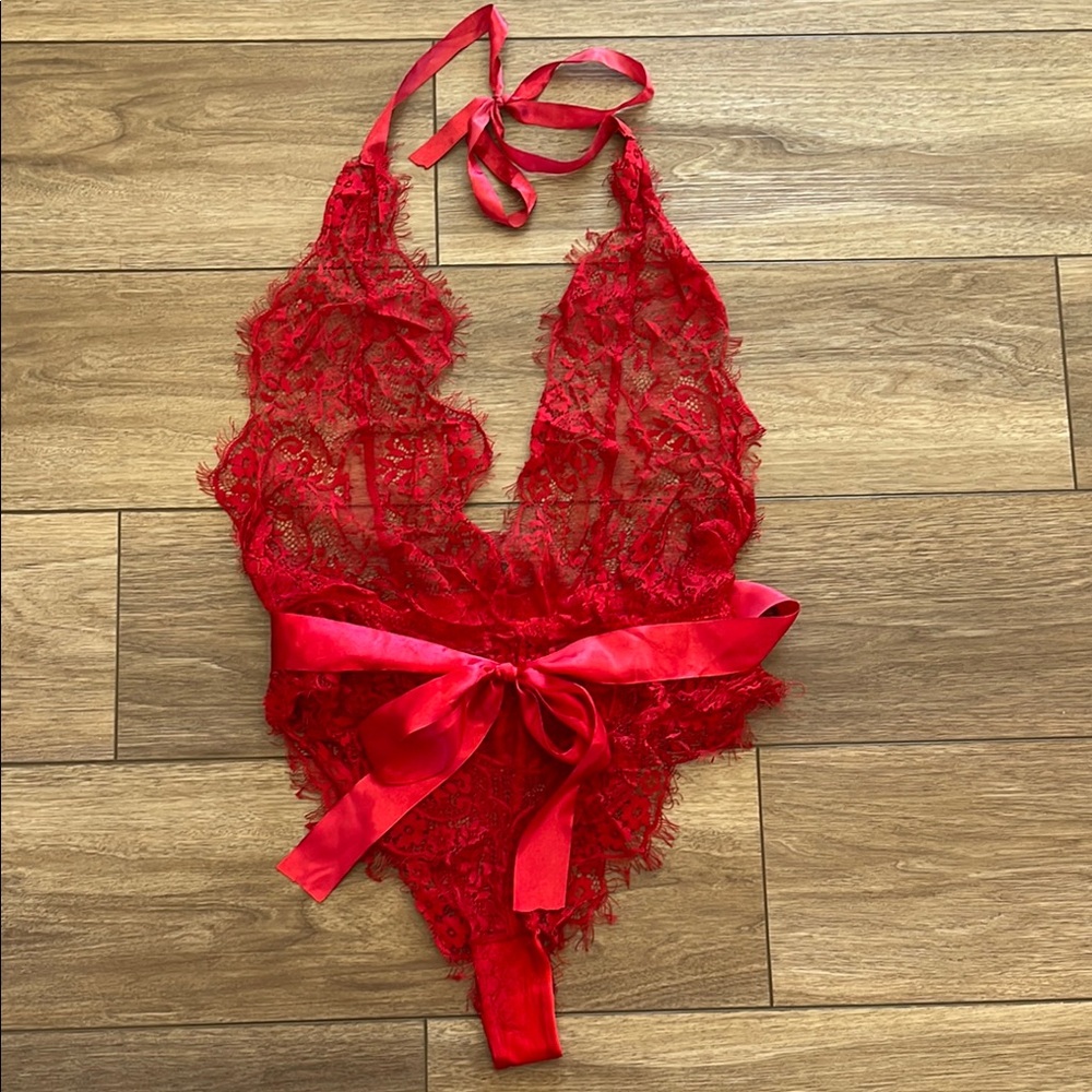 NWOT Red Lace Teddy with Plunging Neckline and Satin Ribbon